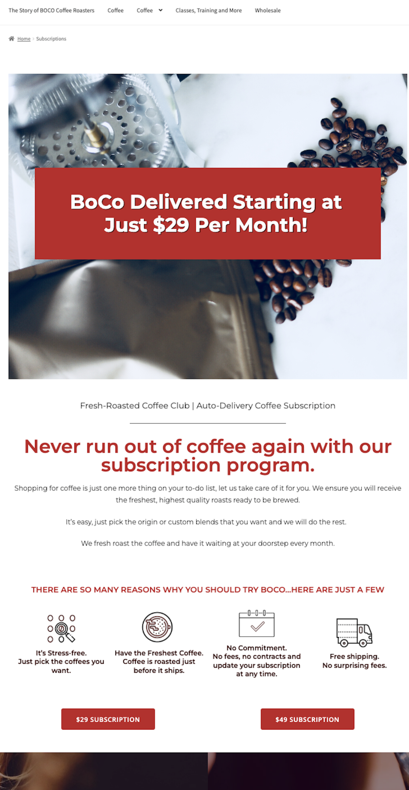 Website example for coffee roaster and coffee subscription program in charlotte nc